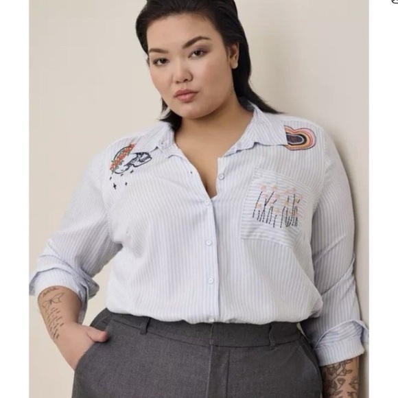 torrid Tops - Torrid Blue Striped Embroidered Button Down Shirt